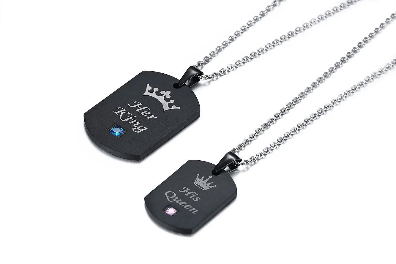 Cross Border And Accessories Titanium Steel Couples Pendant Her KING His Queen Black And White with Pattern Couples Tag CN-094
