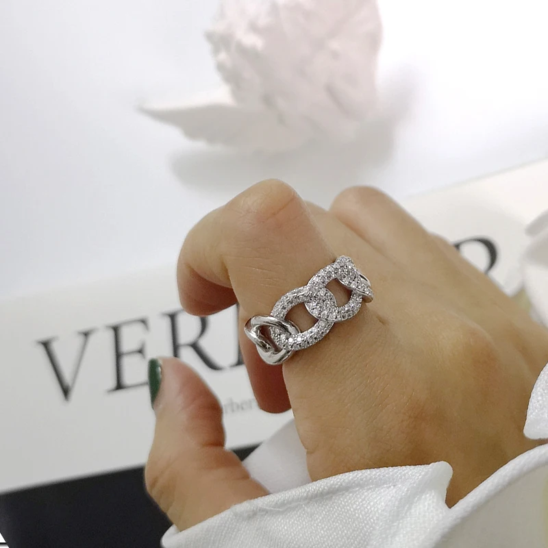 

925 Sterling Silver Rough Curb Chain Ring Cubic Zirconia White Gold Big Wide Band Ring Adjustable Elegant Women Birthday Gift