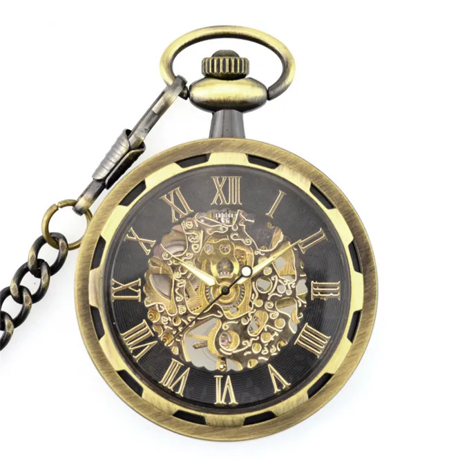 Ретро карманные часы стимпанк Скелет механический карманные часы римские цифры часы кулон ручной обмотки мужские и женские брелок цепочка подарок - Цвет: bronze