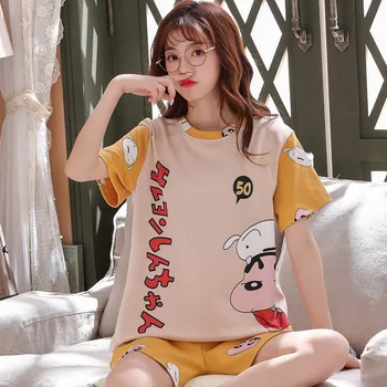 

BZEL Cute Crayon Shin-chan Print Summer Pajamas Set For Women Loose Casual Sleepwear T-Shirts and Shorts Pjs Big Size Home Suit