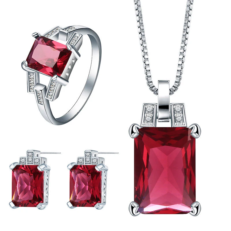 Модные Серебряные Ювелирные наборы для женщин подвеска с красным кристаллом
