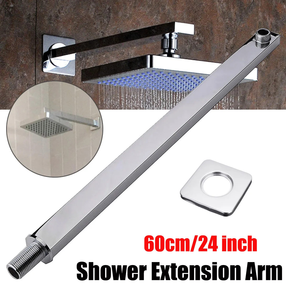 

Shower Extension Arm 60cm Square Chrome Wall Mounted Shower Arm Bathroom Shower Head Bracket for Home Bathroom Hardware