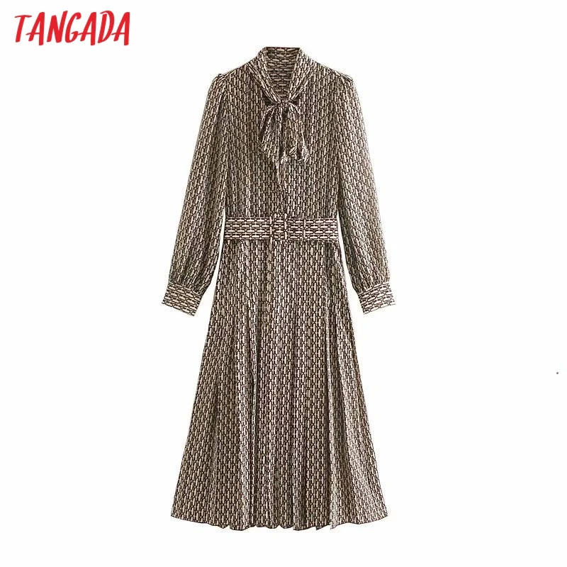 Online Tangada mujer elegante vestido cadena pajarita estampada cuello manga larga 2019 moda coreana Oficina señora midi vestidos 5Z50