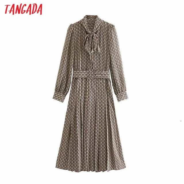 US $15.27 Tangada women elegant dress chain printed bow tie neck long sleeve 2019 korean fashion office lady 