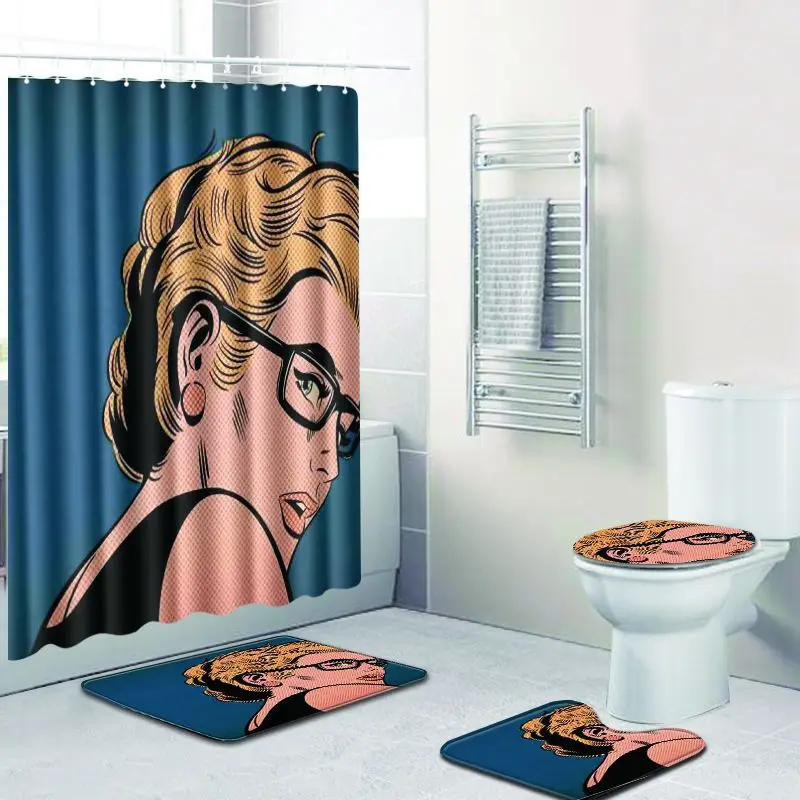 4pcs/set Creative 3D Cool Men Shower Curtain Waterproof Polyester Fabric Washable Modern Solid Toilet Seat Cover Anti-slip Mat