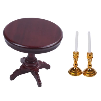 

1 Pair 1:12 Dollhouse Miniature Chandelier White Candles & 1Pcs Wooden Furniture Miniature Round Table