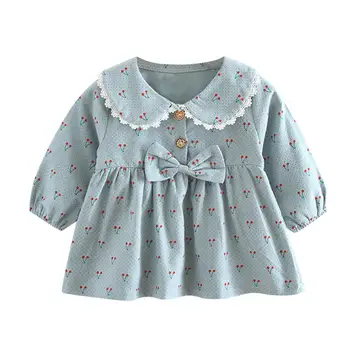 

Toddler Kids Baby Girls Long Sleeve Doll collar Bow Cherry Print Fashion Party Princess Dress Girl Cute Autumn Dress Clothes