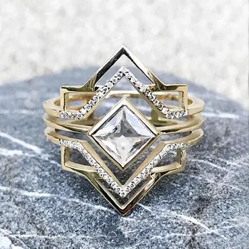

USTAR Geometric rhombus statement finger rings for women jewelry square Cubic Zirconia gold engagement rings female anel gift