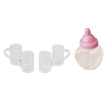 

5 Pcs Children Gift: 4 Pcs Dollhouse Miniature Plastic Beer Mug & 1 Pcs Candy Filling Heart Shape Bottles Baby Shower Party Favo