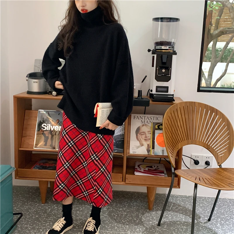 Harajuku вязаный свитер с высоким воротом, Женский Осенний свободный свитер с длинным рукавом в студенческом стиле, Женский однотонный тонкий теплый свитер для девушек