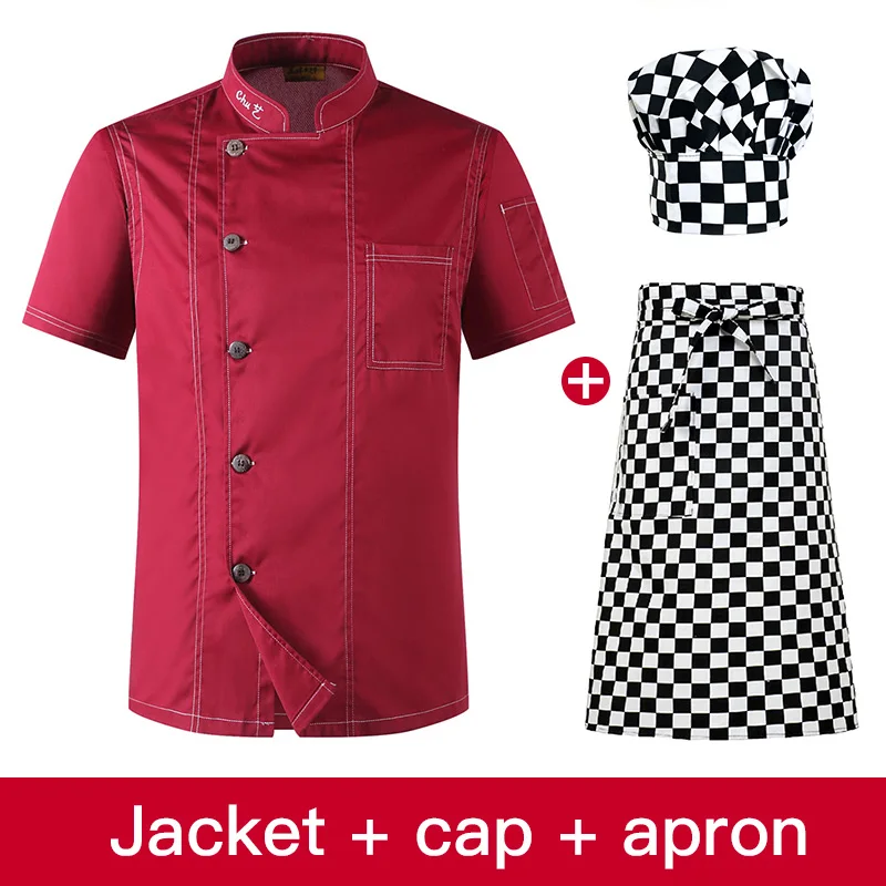 Viaoli Hotel Chef's Uniform Short Sleeve Mesh Breathable Workwear shirt Catering Restaurant Kitchen Bakery wholesale chef jacket - Цвет: jacket hat apron