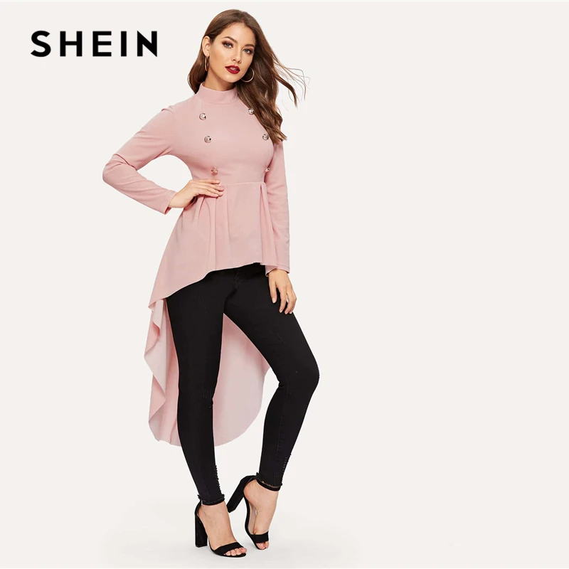 SHEIN Стильный Топ С Асимметричным Низом Черная Модная Блузка Со Стоячим Воротником И Длинными Рукавами