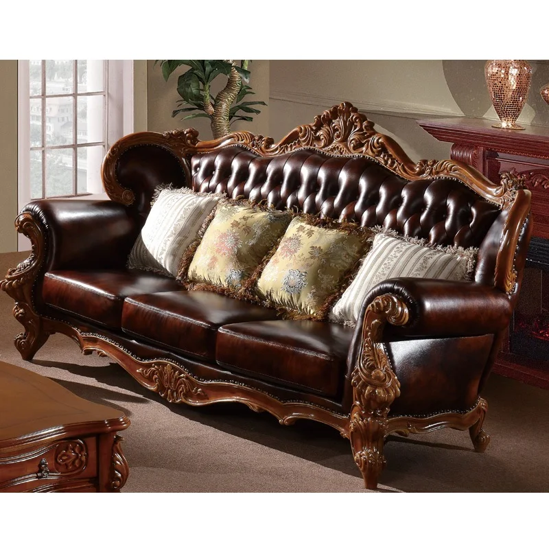 Деревянный диван из натуральной кожи Magasins de meubles en ligne luxe bois style classique WA599 | Мебель