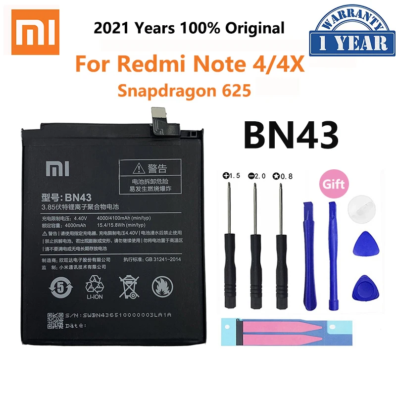 100% Оригинальный Xiao mi Redmi Note 4 4X 4X4100 мАч BN43 для Xiaomi Global Snapdragon 625 аккумулятор батарея
