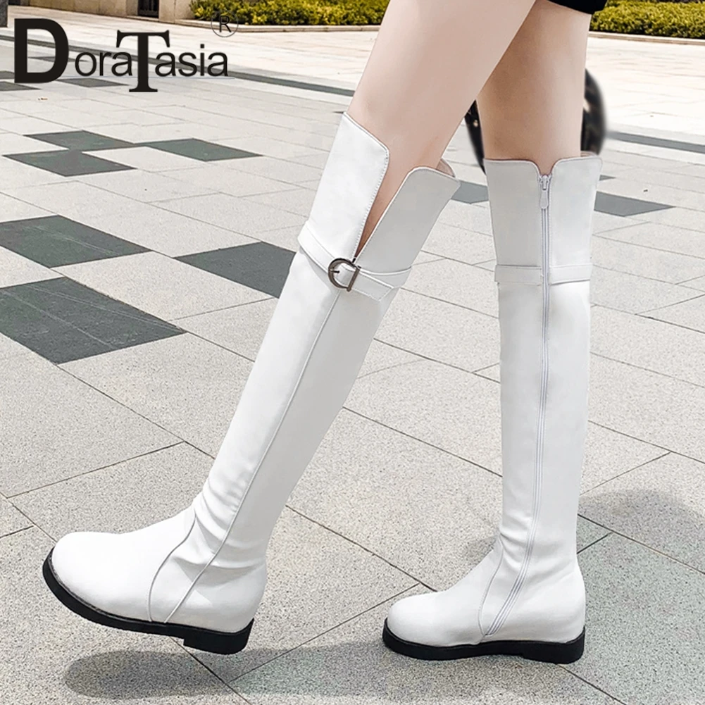 

DORATASIA Big Size 32-43 New Fashion Belt Buckle Knee High Boots Ladies Flat With Shoes Woman Casual Autumn Winter Boots Women