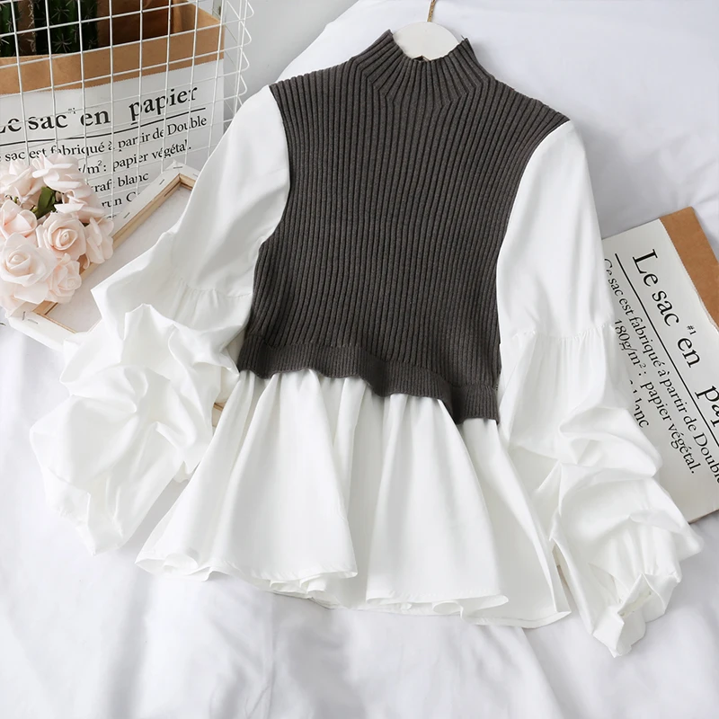dark gray knitwear Woherb, корейская мода, половинная водолазка, длинный рукав с буфами, пуловеры, лоскутные, тонкие топы, женский свитер из двух частей, новинка 91350 - Цвет: dark gray knitwear