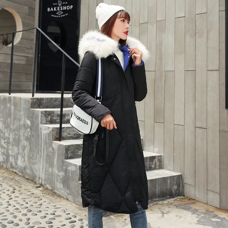 

2019 Winter New Style Korean-style Loose And Plus-sized Long over-the-Knee down Jacket Cotton-padded Clothes Slim Fit Large Fur
