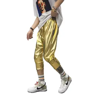 

Elastic Waist Plain Color Cropped Pants Casual Hip Hop Streetwear Summer Pants Men Pencil Skinny Bright Stage Pants Male XXXL