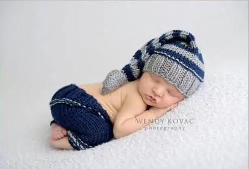 

Newborn Blue Striped Soft Outfits Baby Photography Props Infant Knit Crochet Costume Elf Button Beanie+Pants sets 0-1M or 3-4M