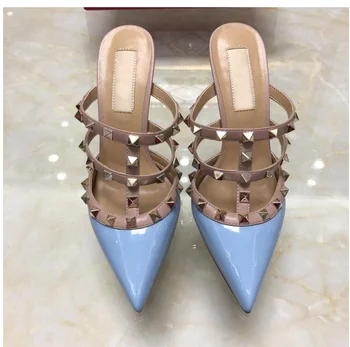 

2020 Brand Shoes Sky Blue Women High Heel Sandals with Rivets 6cm 8cm 10cm Thin Heel Wedding Shoes Pointed Toe Pumps