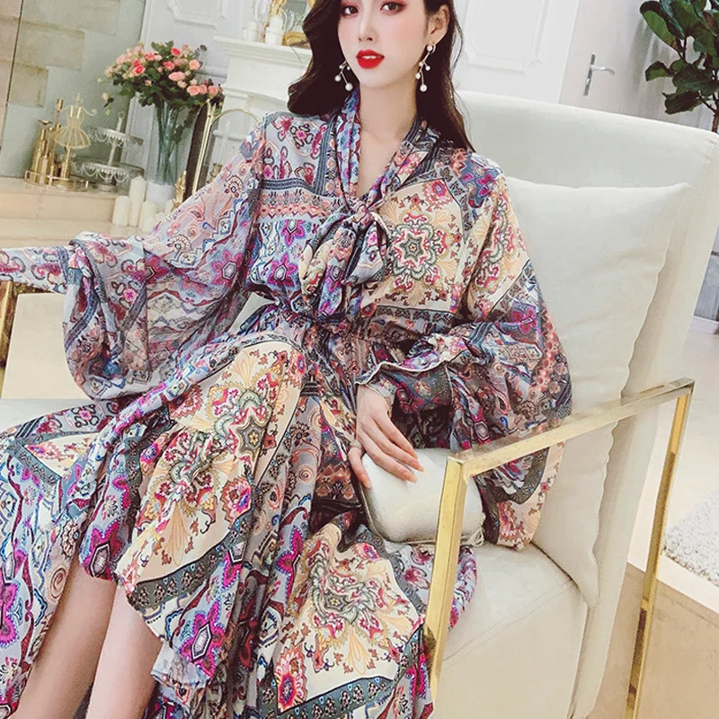 Holiday national style printed chiffon dress lantern sleeve autumn dress 2020 new female Office Lady  Sheath  Knee-Length