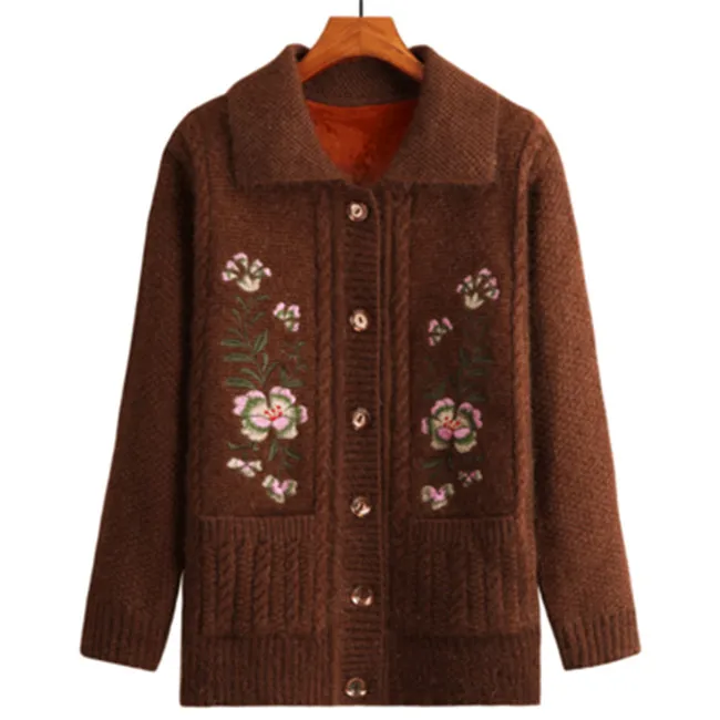 Для пожилых женщин вязаный свитер пальто большой размер зима теплый плюс бархат свободные женский кардиган повседневные топы W1662 - Цвет: Caramel No Velvet