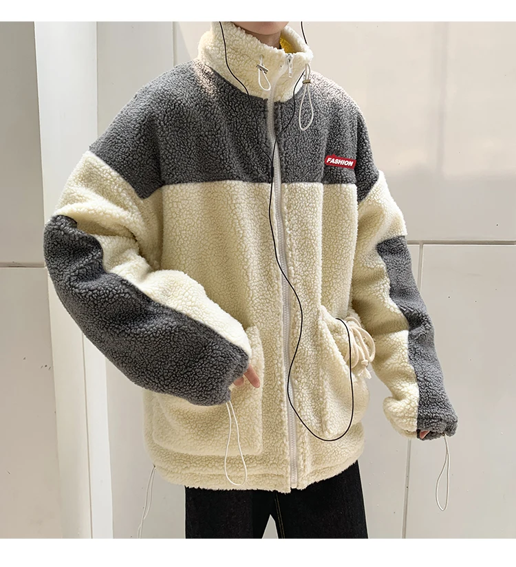 Winter new collection of patchwork printed thick and fleecy hooded padded clothes loose casual personality youth men's wear