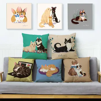 

Cute Cartoon Cat and dog Print Cushion Cover Pillow Covers Short Plush Pillows