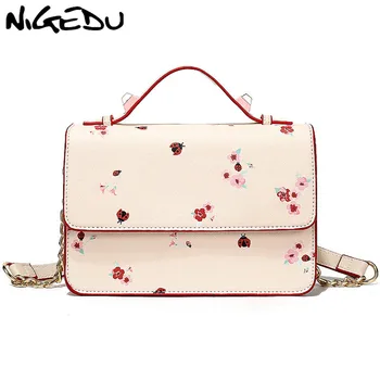

NIGEDU Ladies handbag small printing Flap messenger Bag women's crossbody bag Pink Flower rivet female Shoulder Bag Chain Totes