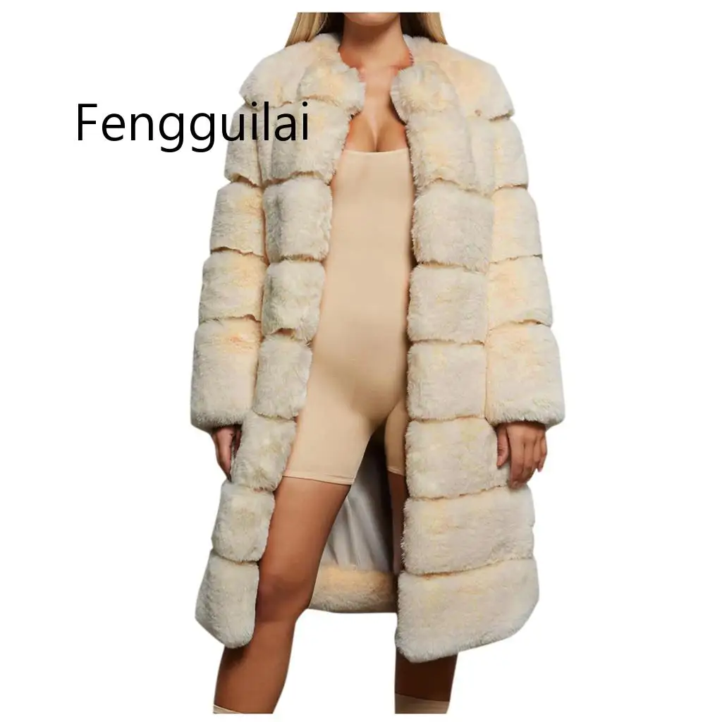 Beige FENGGUILAI черная Толстая теплая меховая куртка с длинным рукавом и круглым вырезом, зимняя модная женская меховая куртка из искусственного меха, верхняя одежда, пальто, большие размеры - Цвет: Beige