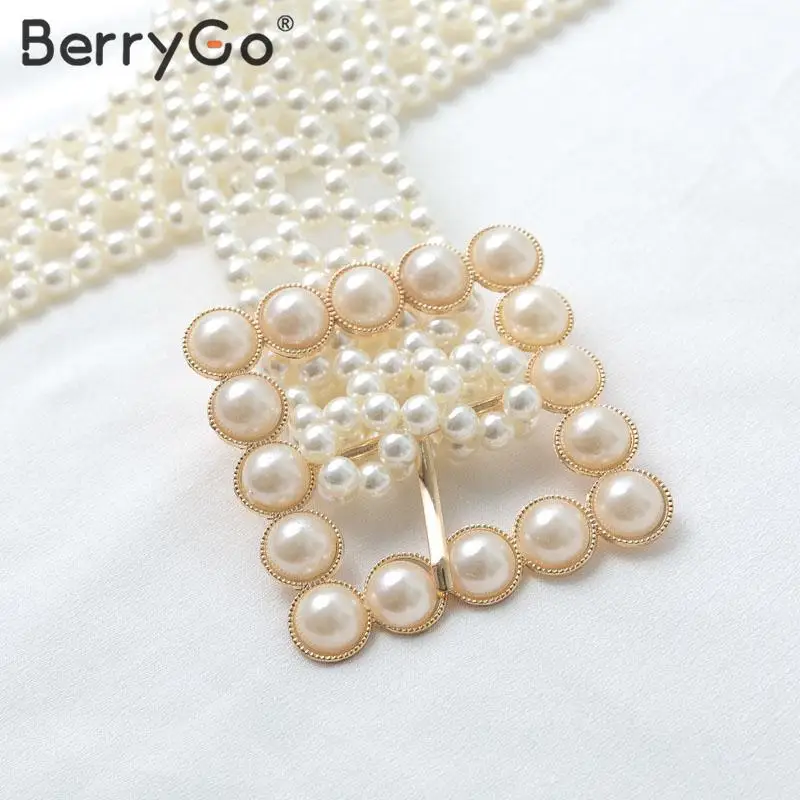 BerryGo, элегантный пояс с жемчугом, женское платье для девочек, ремень с кристаллами, жемчужный эластичный пояс с жемчугом, эластичный пояс с пряжкой и цепочкой