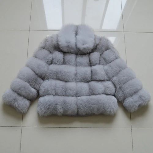 light gray Новое поступление, женская зимняя Толстая Шуба из натурального Лисьего меха, шуба из натурального Лисьего меха, Женская куртка высокого качества с воротником-стойкой, шуба из натурального Лисьего меха - Цвет: light gray