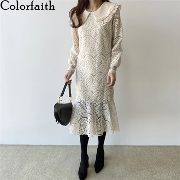 

Colorfaith New 2020 Summer Women Dress Peter Pan Collar Casual Lantern Sleeve Floral Vintage Lace Trumpet Lady Long Dress DR9937
