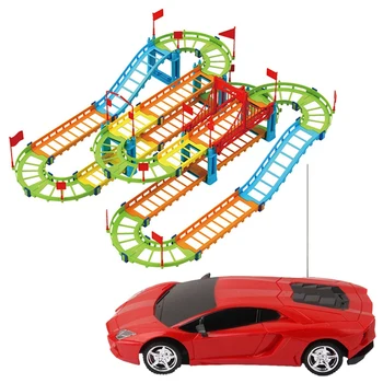 

2 Pcs Toy Accessories: 1 Pcs Electric RC Remote Controlled Red & 1 Pcs DIY Electric Racing Rail Car Kids Train Track