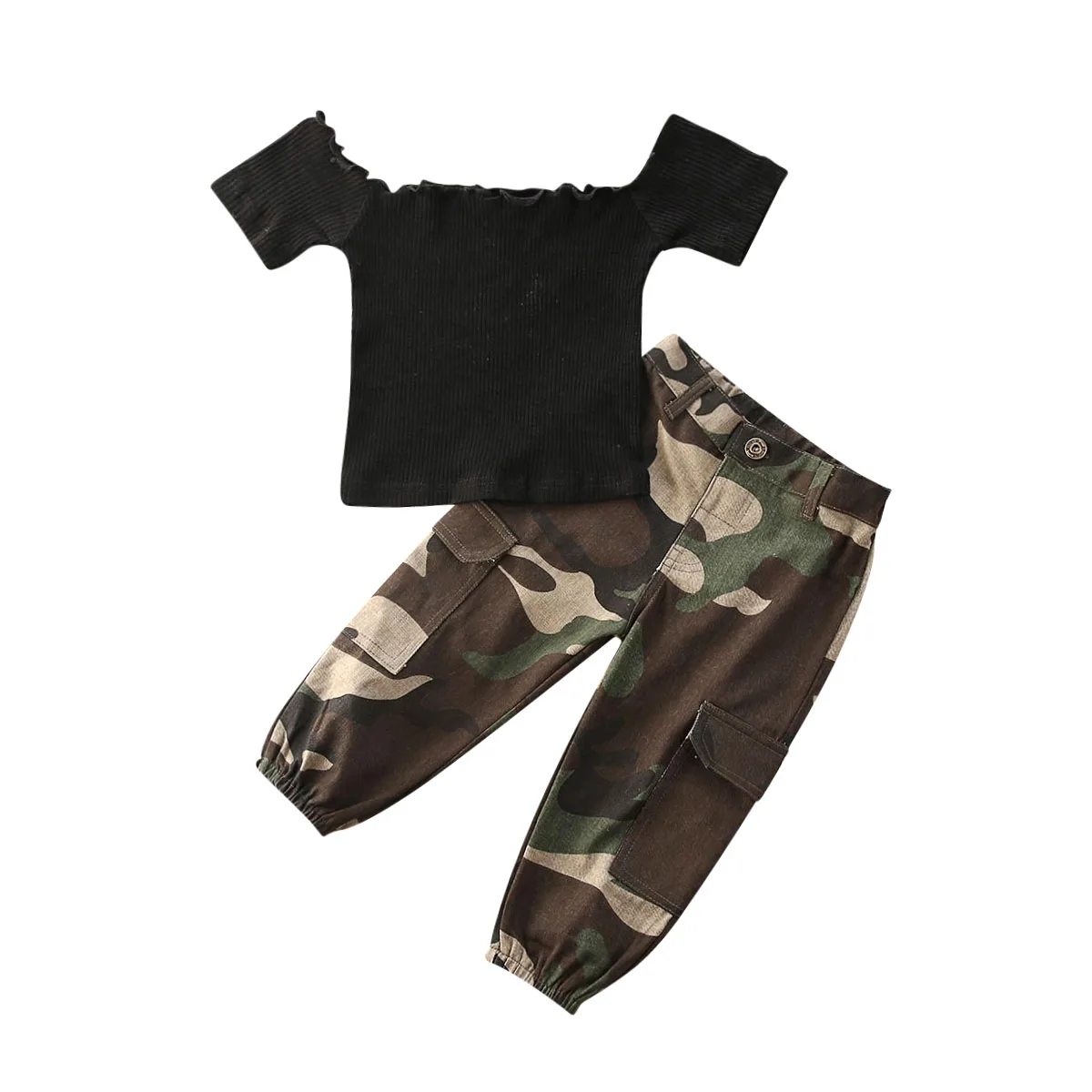 

AA Fashion Kids Girls Clothes Sets Off Shoulder T Shirts Tops+Camouflage Pants Two Piece Clothing Set Children Costume