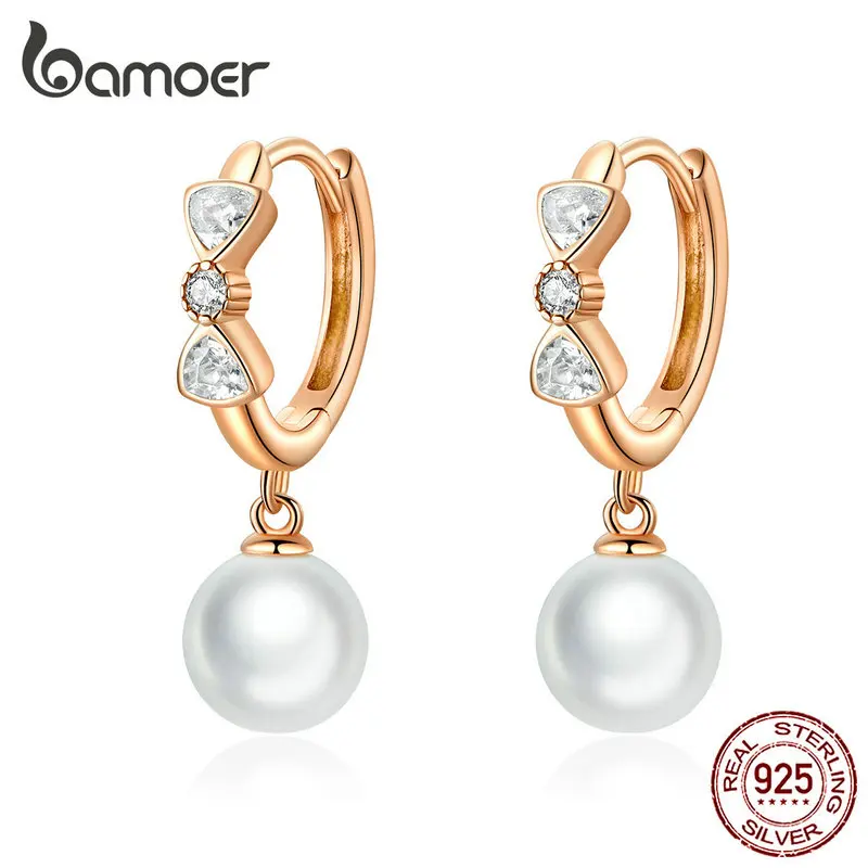 

bamoer 925 Sterling Silver Dangle Earrings Bowknot Pearl Elegant Drop Earring for Women Fine Jewel 2019 New Bijoux GAE283