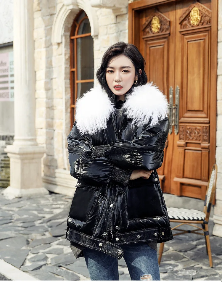 Зимняя куртка женская белая верхняя одежда на утином пуху яркая черная блестящая ветрозащитная куртка с меховым воротником теплая Толстая глянцевая парка женские пальто
