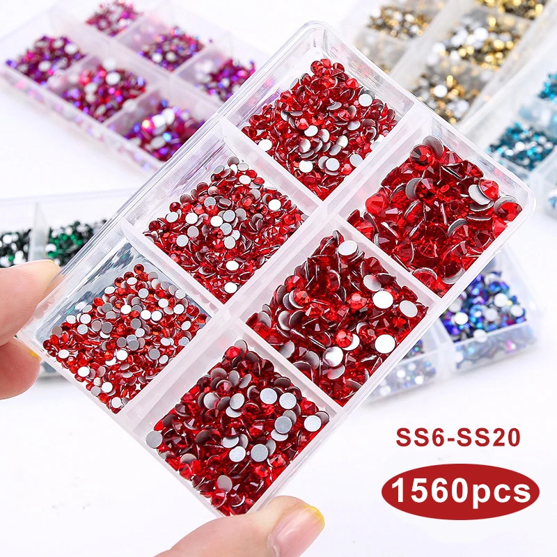 

1560PCS Crystal Nail Art Rhinestone Glitter AB Set All Color Flat Bottom SS6-SS20 Mixed Shape DIY Nail Art 3D Decorations 6 Grid