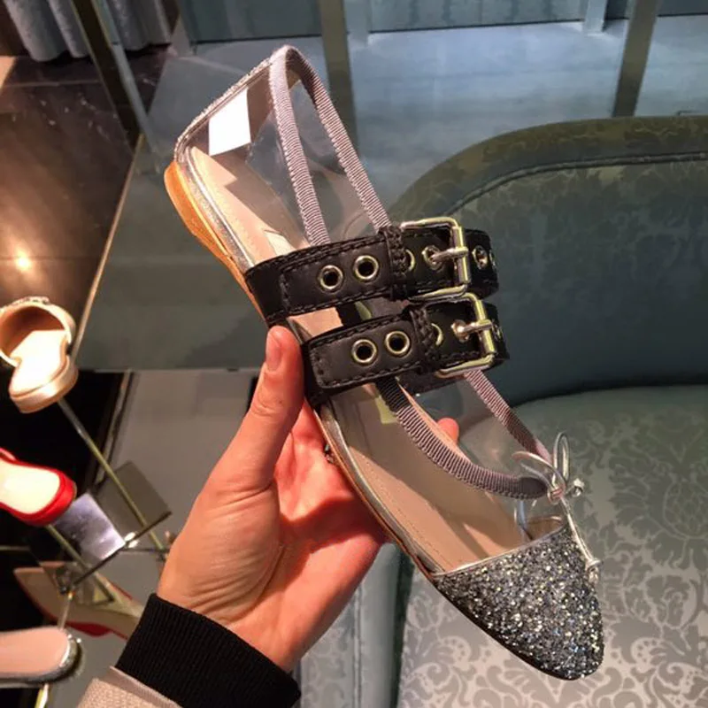 

2020 spring new stitching transparent bow round toe flat shoes women shoes Sequined Mary Jane Shoes ladies shoes Ballet Flats