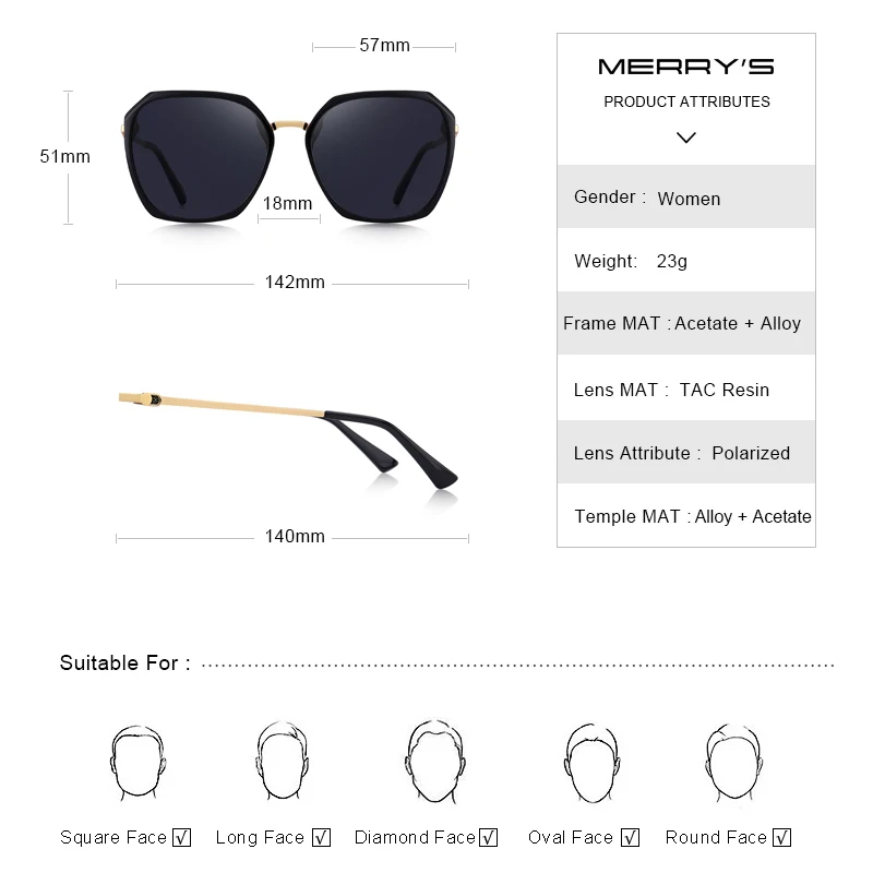 MERRY'S женские модные квадратные Поляризованные Солнцезащитные очки женские роскошные брендовые трендовые солнцезащитные очки UV400 защита S6153