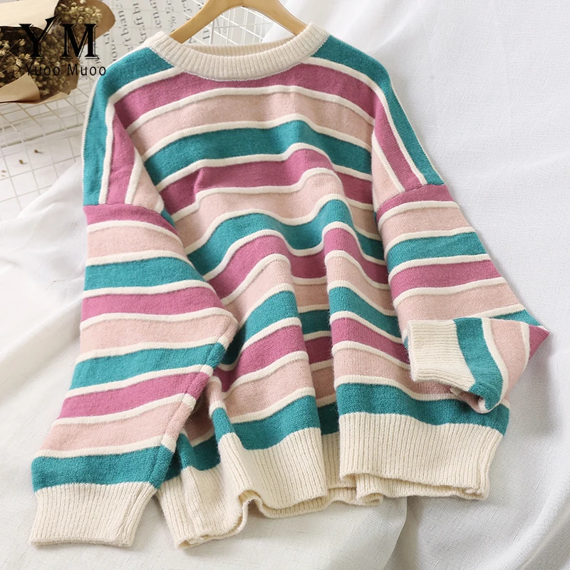 

YuooMuoo Ins Fashion Striped Rainbow Sweater 2019 Autumn Korean Style Women Long Sleeve Knit Sweater Pullover Casual Knitwear