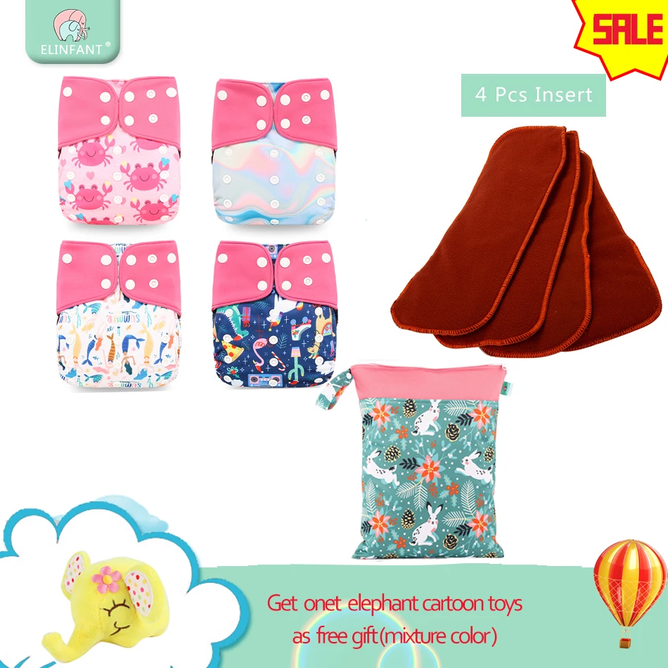 

Elinfant fashion New 4pcs diape with inserts + 1pc wet bag Washable coffee mesh Cloth Diaper cover Adjustable Reusable Nappy