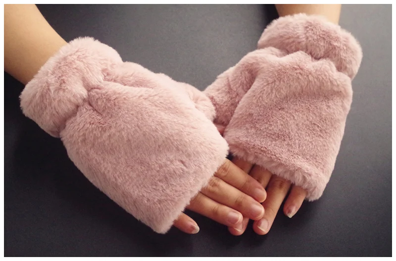 Новинка, однотонные перчатки без пальцев, зимние женские варежки из кроличьего бархата, двухслойные толстые теплые перчатки