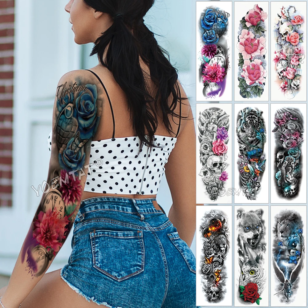 Large Arm Sleeve Tattoo Blue Rose Butterfly Heart Waterproof Temporary Tattoo Sticker Pocket Watch Men Full Flowers Tatoo Women Temporary Tattoos Aliexpress