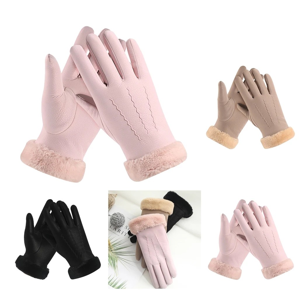 

Women Cold Weather Windproof Cycling Gloves Winter Man Warm Touch Screen Gloves Women Premium PU surface Pink Black Khaki Gloves