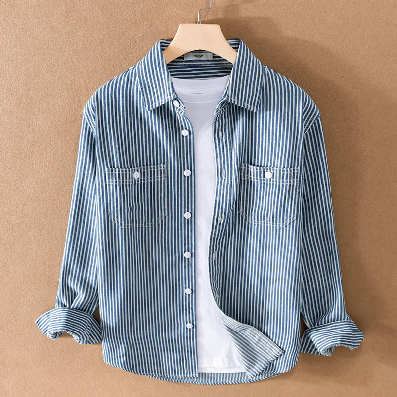 

100% Cotton long-sleeved denim striped shirt men brand casual comfortable shirts for men tops chemise camisa