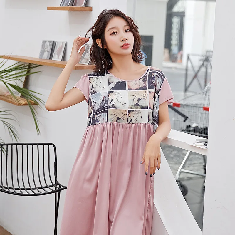 

2020 summer new chiffon pajamas ladies lace pullover short-sleeved mid-length printed home service