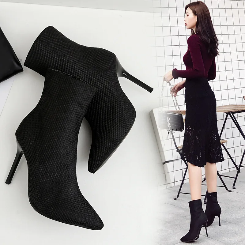 

2019 Autumn & Winter High Heel Pointed Mesh Stiletto Fashion Boots Middle Boots Do 2-Color 35-40 Code