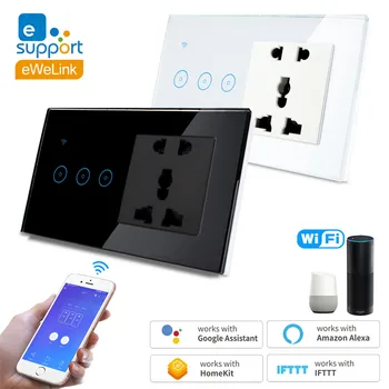 

WiFi Smart Switch With Socket Voice Control Wall Touch Switch 1/2/3-Gang Wireless Remote Works with Amazon Alexa Google Home