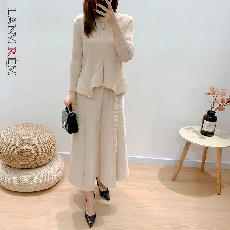 Cheap Pullover Skirt Beige-Suit Pleated LANMREM Green Long-Sleeved Round-Neck Casual Top Fashion kjQlMbprLnR